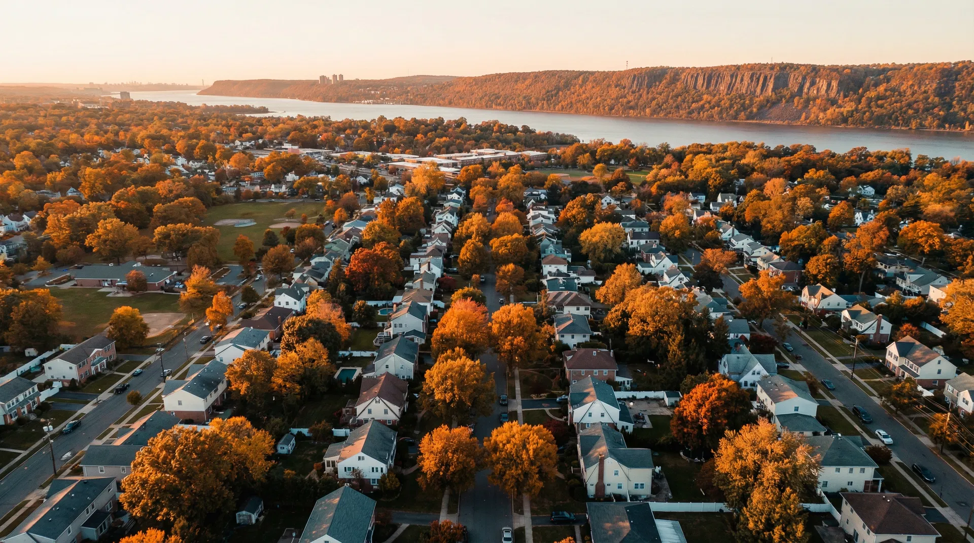 Aerial view of Northern New Jersey neighborhoods during autumn